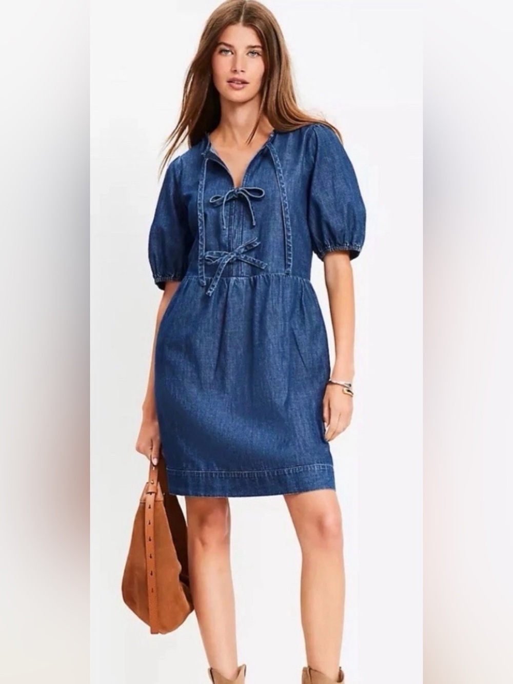 LOFT Denim Tie-Front Mini Dress in Dark Blue